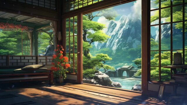 Japanese house living room with a summer view through an open door, depicted in an enchanting anime illustration painting style. Seamless looping video animation