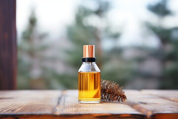 cedarwood essential oil bottle on wooden planks