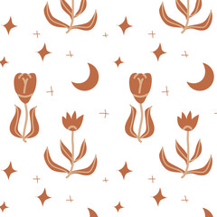 western boho pattern with flower and moon. Vector illustration of mystic design. 