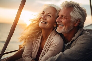 a couple of active happy pensioners is relaxing on a yacht. Luxury vacation for a loving couple age 60 plus