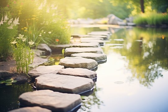 stepping stones across a serene pond