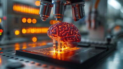 Brain Upgrade Analysis: Scientists examine brain model through microscope in research facility