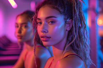 Portrait of a young woman with dreadlocks in neon lighting, with a reflective surface creating a double image effect.