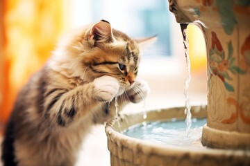 cat drinking from a water fountain designed for pets