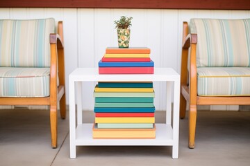 square white end table with colorful books stacked