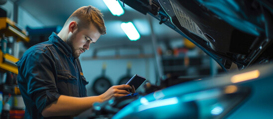 Mechanic using a tablet computer while working fixing a car in the garage.