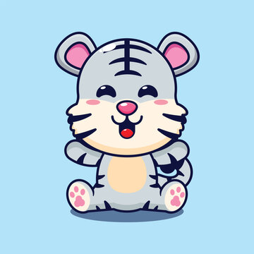 Cute white tiger sitting cartoon vector illustration. 