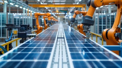 Fototapeta premium Large Production Line with Industrial Robot Arms at Modern Bright Factory. Solar Panels are being Assembled on Conveyor. Automated Manufacturing Facility