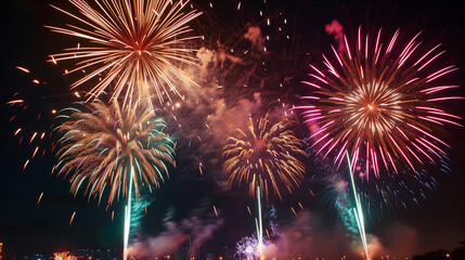 Fototapeta premium Multiple fireworks exploding simultaneously, creating a dynamic and breathtaking visual display in the sky