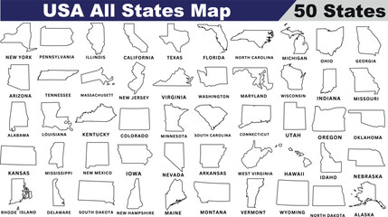 USA All States Map, detailed outlines, labeled, educational geography tool. Perfect for teaching, learning American states. Black and white illustration