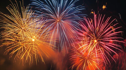 Multiple fireworks exploding simultaneously, creating a dynamic and breathtaking visual display in the sky