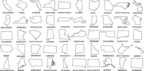 USA state Map and map outlines vector illustration, america map line drawings. Ideal for educational materials, travel content, graphic design projects. Detailed, accurately represented shapes