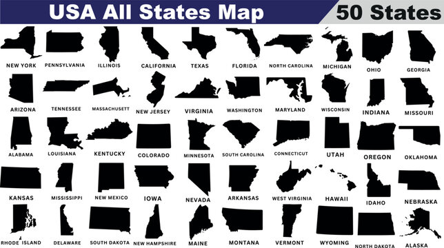 USA All States Map, 50 States, USA state map silhouettes,  perfect for map design, educational material, travel content. Distinct, easily identifiable states