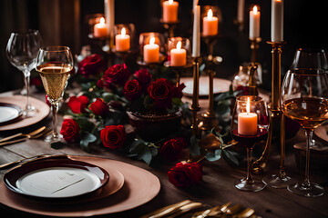Fototapeta na wymiar Cherished Moments: Romantic Dinner Table in Dark Red, Peach, Black, and Brown Tones
