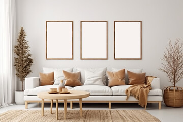 Empty white poster frames hang on a white wall above a beige sofa in a living room. Made with generative AI technology