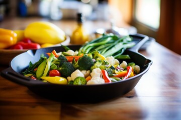 cast-iron skillet filled with fresh vegetables