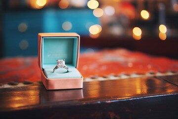 engagement ring in a velvet box on a party table - obrazy, fototapety, plakaty