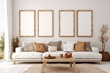 Empty white poster frames hang on a white wall above a beige sofa in a living room. Made with generative AI technology