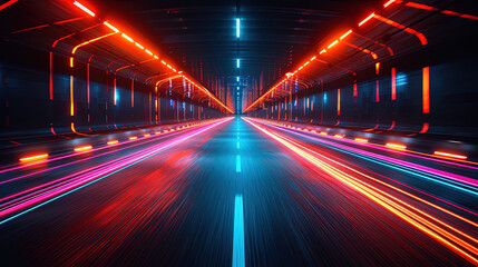 A futuristic tunnel illuminated by vibrant red and blue neon lights, showcasing a high-speed motion effect.