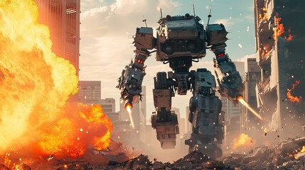 Huge fantastic robot is destroying the city. Futuristic illustration, post-apocalypse. Military fantasy android. Sci-fi is fantastic. Explosions and gunfire. AI Generated - obrazy, fototapety, plakaty