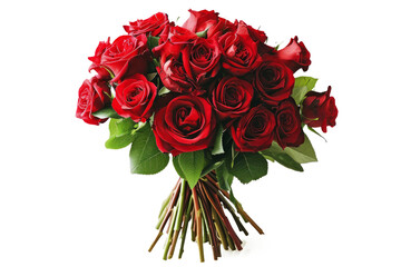 A lush bouquet of red roses, carefully arranged to create a luxurious and romantic atmosphere against a pristine white background.