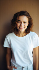 Obraz premium Young happy woman, smiling gen z girl model wearing tshirt looking at camera standing on color background. Face skin care cosmetics makeup, fashion ads. Beauty portrait. White t-shirt mock up template