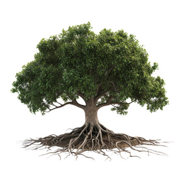 Fototapeta trees with intertwined roots, symbolizing interconnectedness and the importance of a strong foundation against a clean white backdrop.
