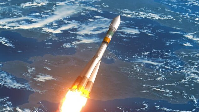 Cargo carrier rocket flies above the Earth. 3d animation. 4k.