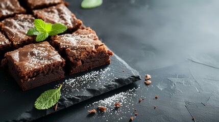 Chocolate brownies with fresh berries and mint on a dark background - obrazy, fototapety, plakaty