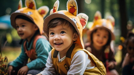 Happy kids celebrating birthday party together in garden in summer