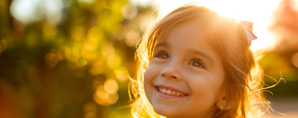 Fototapeta premium Close up portrait of little girl smiling in backlight. AI generated.
