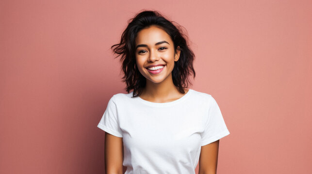 Young happy smiling Indian woman model wearing tshirt looking at camera standing on color background. Face skin care cosmetics makeup, fashion ads. Beauty portrait. White t-shirt mock up template .