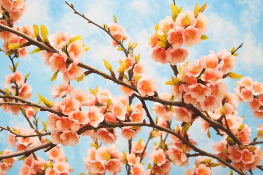 close-up image of a peach tree full of pink blossoms