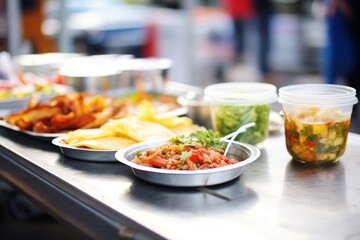 array of dishes displayed on food truck counter