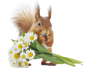 squirrel with a bouquet of daisies and tulips, symbolizing the arrival of spring, isolated on a white background.