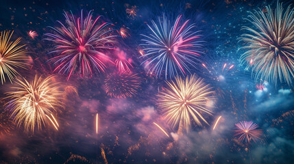 Naklejka premium A grand finale of fireworks lighting up the sky with a spectacular array of colors, bringing a climactic end to a festive event