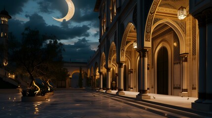 3D render of a mosque at night with a crescent moon - obrazy, fototapety, plakaty