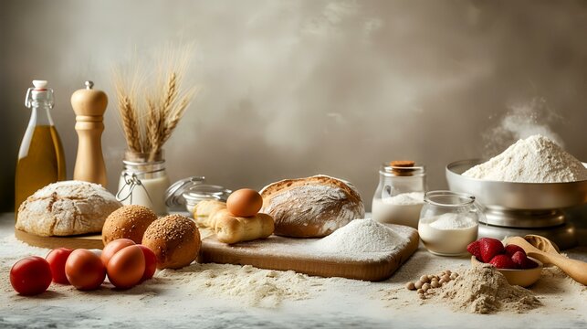 top view of ingredients for baking cake on white table, panorama