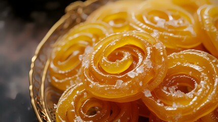 Jelly candies with sugar in a golden bowl. Selective focus.