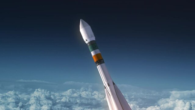 Cargo carrier rocket flies above the clouds. 3d animation. 4k.