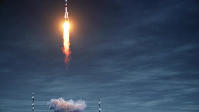 Cargo carrier rocket launch from the cosmodrome. 3d animation. 4k.