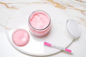 Fototapeta na wymiar a tub of pink gel facial cleanser open on a white marble