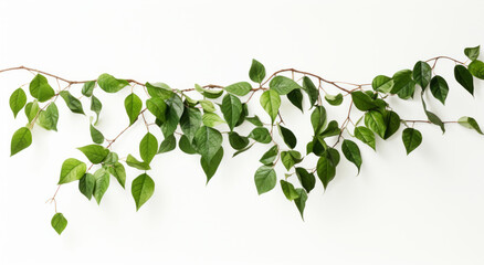 Fresh green ivy leaves on branch over white background