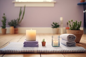meditation setting with yoga mat, fresh lavender, and candles - obrazy, fototapety, plakaty