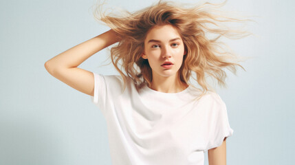 Fototapeta premium Young pretty cool trendy woman gen z model wearing tshirt looking at camera standing on color background. Face skin care cosmetics makeup, fashion ads. Beauty portrait. White t-shirt mock up template 