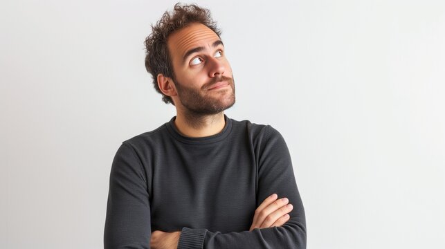Portrait of a concentrated man looking up, AI-generated.