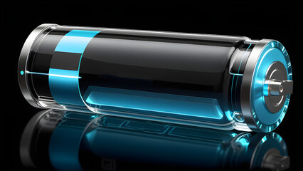 glassy transparent battery charging glass empty battery with metal caps isolated on black