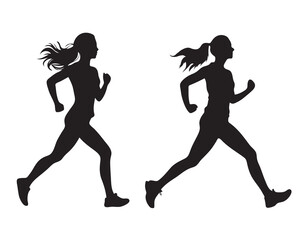 Running women silhouettes on white background, vector illustration. Side view.