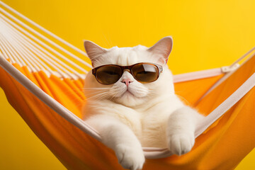 Relaxed white cat wearing sunglasses in a hammock against yellow