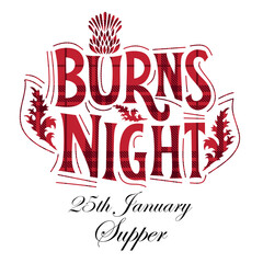 Burns night supper card with thistle on tartan background. Menu with lettering for restaurant, party...